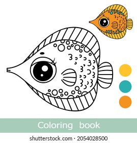Cartoon fish coloring book page with colorful template.Cute fish coloring book. Underwater ocean life, marine animal. Funny fish isolated contour. Kids animals coloring book page. Worksheet.Printable

