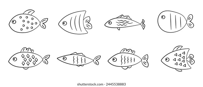 Cartoon fish contour outline drawing isolated cutout black and white vector clipart illustration set. Underwater doodles line art design elements. Sea life nature pictogram, logo or icon collection.