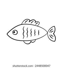 Cartoon fish contour outline drawing isolated cutout black and white vector clipart illustration. Underwater doodles line art design element. Sea life nature pictogram, logo or icon.