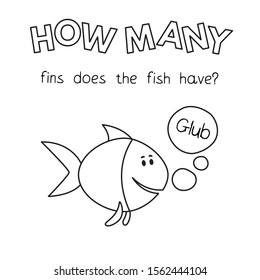 Cartoon fish counting game. Vector coloring book pages for children education. How many fins does the fish have