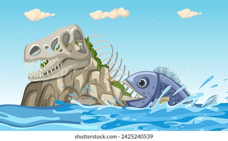 Cartoon fish and dinosaur skull on an island