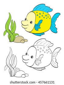 cartoon fish drawing with coloring version on white. vector