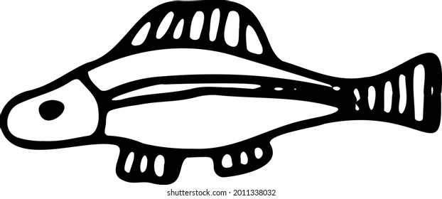 Pescado de caricatura dibujado a mano. Ilustración vectorial en blanco y negro, logotipo, esbozo, plantilla.