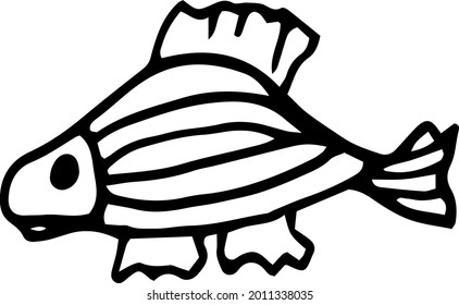 Cartoon fish drawn by hand. Black and white vector illustration, logo, sketch, template.