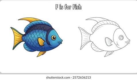 A Cartoon Fish and a F letter Coloring Page for Kids.