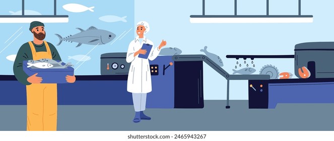 Cartoon fish farm. Breeding of tuna or salmon in artificial environment. Seafood enclosure. Marine agriculture. Processing conveyor. Food production industry. Garish