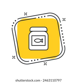 Icono de alimento de peces de dibujos animados Ilustración vectorial. Comida de tarro sobre fondo cuadrado amarillo aislado. Concepto de signo de comida para mascotas.