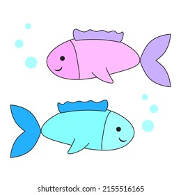 Cartoon fish. Flat icon. Animal pattern. Kid graphic. Doodle set. Vector illustration. Stock image. 