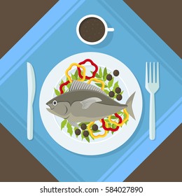 Cartoon Fish and Fresh Vegetables on a Plate Healthy Seafood Top View. Flat Design Style. Vector illustration