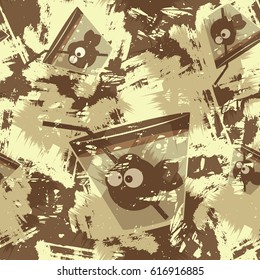 Cartoon fish in glass. Grunge seamless pattern. Vector illustration