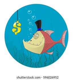 Cartoon fish going to catch dollar symbol. Concept illustration of greed danger.