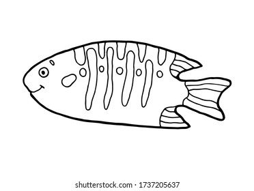 Cartoon fish. Hand drawing outline doodle. Isolated element on a white background. Suitable for baby print, postcard, coloring. Stock vector illustration.