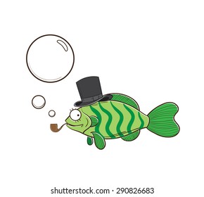 Cartoon fish in the hat which is smoking a pipe and starting up bubbles.