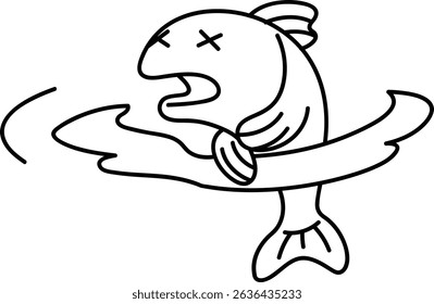 cartoon fish having stomach ache black and white vector line art illustration