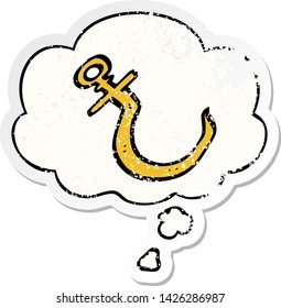 cartoon fish hook with thought bubble as a distressed worn sticker