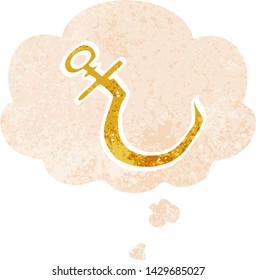 cartoon fish hook with thought bubble in grunge distressed retro textured style