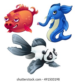 Cartoon fish hybrids isolated on white background. Interbreeding, the modern scientific technology. Cartoon vector close-up illustration.
