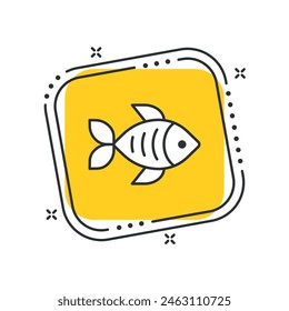 Icono de pez de dibujos animados Ilustración vectorial. Pez dorado sobre fondo cuadrado amarillo aislado. Concepto de signo de pez de acuario.
