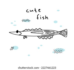 Cartoon fish illustration. Sea fish drawn in doodle style. Can be used for children's books, coloring books, postcards, web, logo, your design.