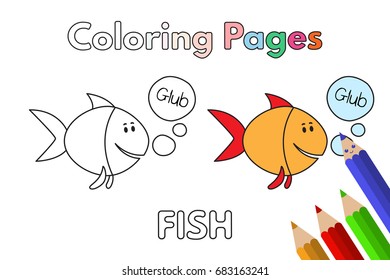 Cartoon fish illustration. Vector coloring book pages for children