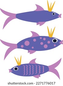 Cartoon fish isolated on white background, vector fish with crown, sea of ​​life