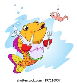 Cartoon fish with knife and fork in the fins preparing to eat the worm. 