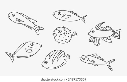 Cartoon fish line illustration set. Vector