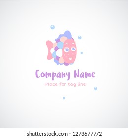 Cartoon fish logo. Female mascot, cute character or logotype for baby products, children boutique. Vector illustration
