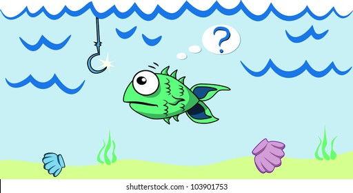 Cartoon fish looking at the bait