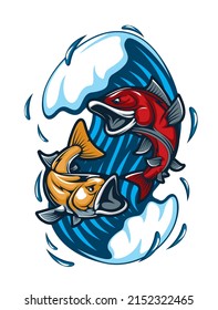 Cartoon fish mascot or fishing sport tattoo with big fishes in sea wave, vector emblem. Aggressive tuna, trout or carp and walleye fishes fighting, mascot badge for sport club or team players mascot