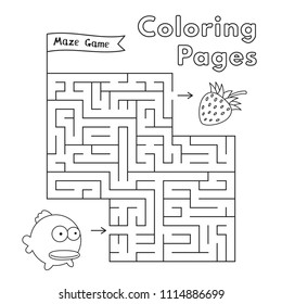 Cartoon fish maze game. Vector coloring book pages for children