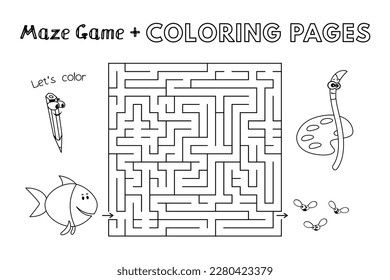 Cartoon fish maze game. Vector coloring book pages for children