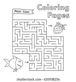 Cartoon fish maze game. Vector coloring book pages for children