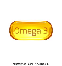 Cartoon fish oil capsule on a white background with lettering. Useful vitamins Omega 3. Vector object with calligraphy for cards, banners and your design.