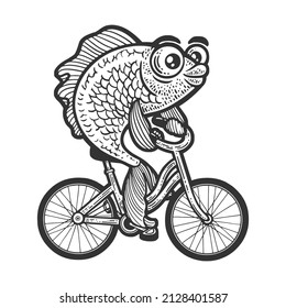 Cartoon fish on bicycle sketch engraving vector illustration. T-shirt apparel print design. Scratch board imitation. Black and white hand drawn image.