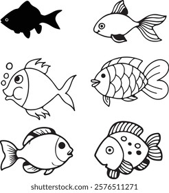 Cartoon Fish Outline and Silhouette Vector