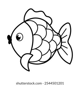 Cartoon Fish Outline Vector Illustration. This image is a black and white line drawing of a cartoon-style fish. The fish has a large, round eye and a small mouth.