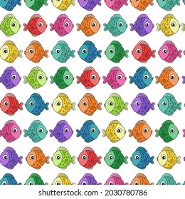 Cartoon fish pattern. Underwater ocean life, marine animal. Funny fish isolated on grey. Cute color fishes background. Kids animals texture. Marine animal print. Good for fabric, textile.Fish ornament
