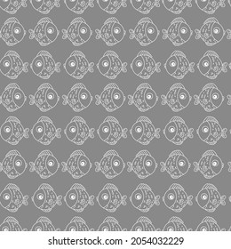 Cartoon fish pattern. Underwater ocean life, marine animal. Funny fish isolated on grey. Cute color fishes background. Kids animals texture. Marine animal print. Good for fabric, textile.Fish ornament