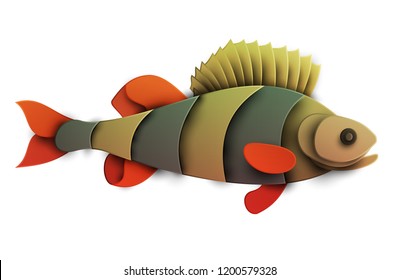 Cartoon fish perch in trendy paper cut craft graphic style. Modern design for advertising, branding greeting card, cover, poster, banner. Vector illustration.