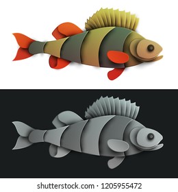 Cartoon fish perch in trendy paper cut craft graphic style. Modern design for advertising, branding greeting card, cover, poster, banner. Vector illustration.