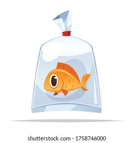 Cartoon fish in plastic bag vector isolated illustration