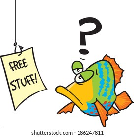 Cartoon Fish Reading A Free Stuff Sign On A Hook