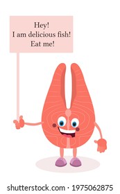 Cartoon fish. Salmon steak with eyes, arms and legs. A living character.