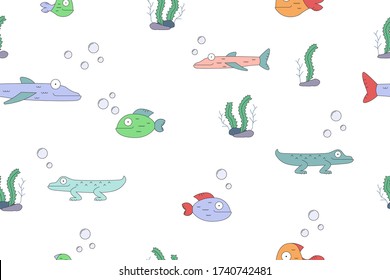 Cartoon fish seamless pattern. Colorful fishes, algaes and bubbles. Beautiful collection of tropical fish isolated on white background.