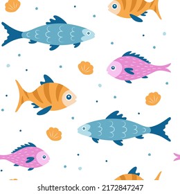 Cartoon fish seamless pattern. Sea life theme background with different tropical fish. Flat design. Ocean, wildlife or baby animals wallpaper.