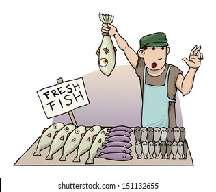 cartoon fish seller, holding a fish, vector illustration