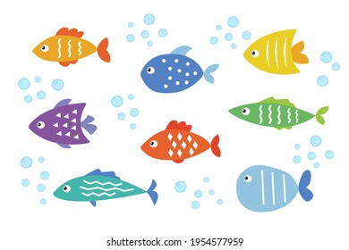 Cartoon fish set flat vector isolated on white background illustration. Underwater sea life Exotic tropical decoration. Aquarium elements. Pet store icons. Cartoon animals characters. Summer concept.