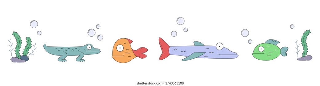 Cartoon fish set. Funny flat style ocean fishes and algae. Vector illustration isolated on white background.
