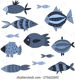 Cartoon fish set. Hand drawn illustration made in vector.